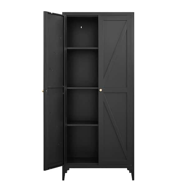 Black 65 in. H Metal Storage Cabinet with Barn Doors, Steel File Cabinet w/Adjustable Shelves, Kitchen Pantry Cabinet