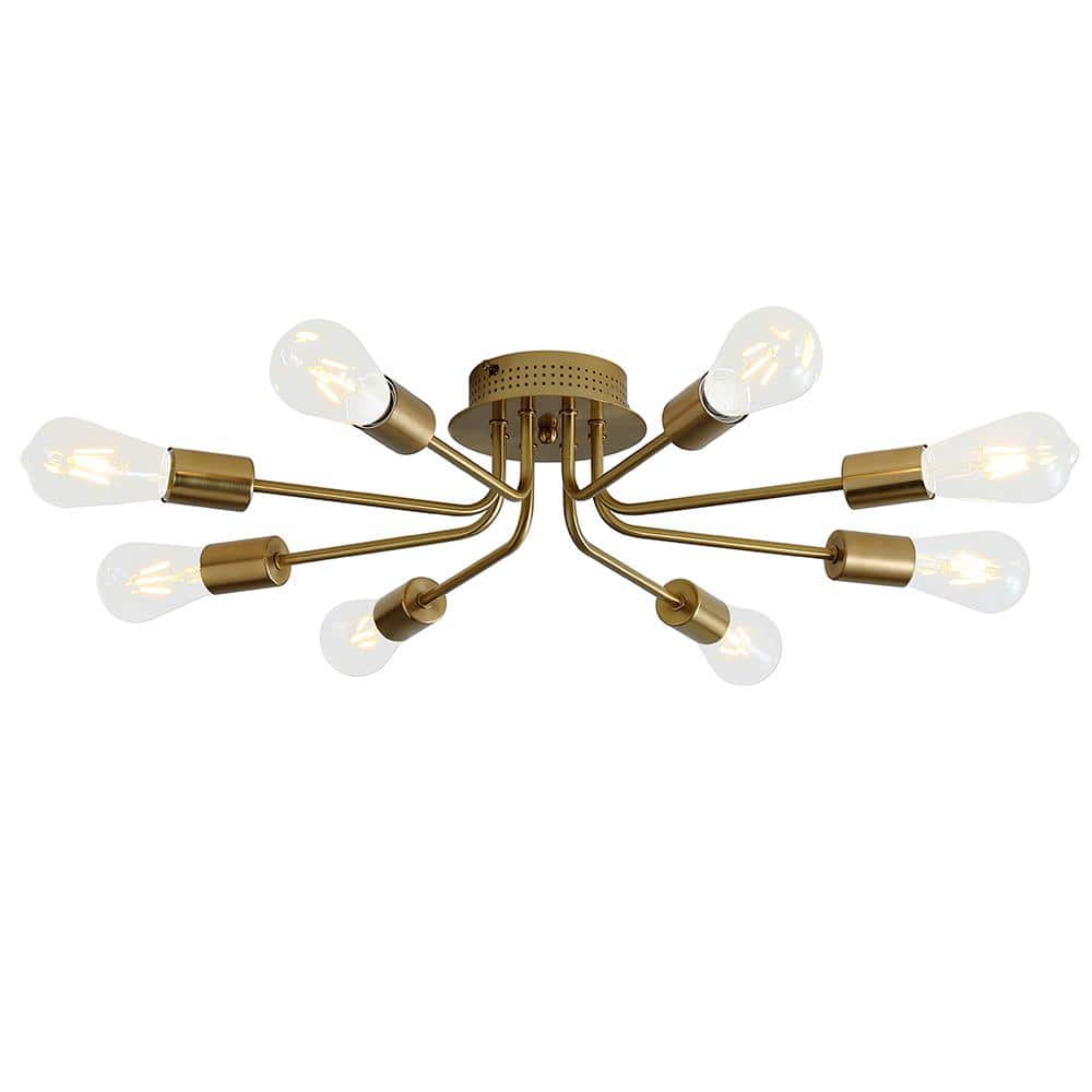 Modern 36 in. 8-Light Gold Sputnik Linear Semi-Flush Mount Ceiling Light Fi
