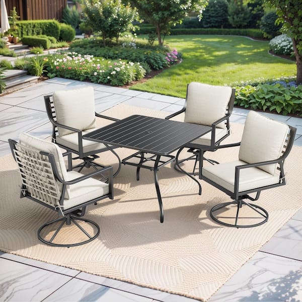 Bellefurn BaliSpin 5-Piece Black Metal Frame Swivel Rocking Chair Outdoor Dining Set with Beige Cushions and Square Dining Table
