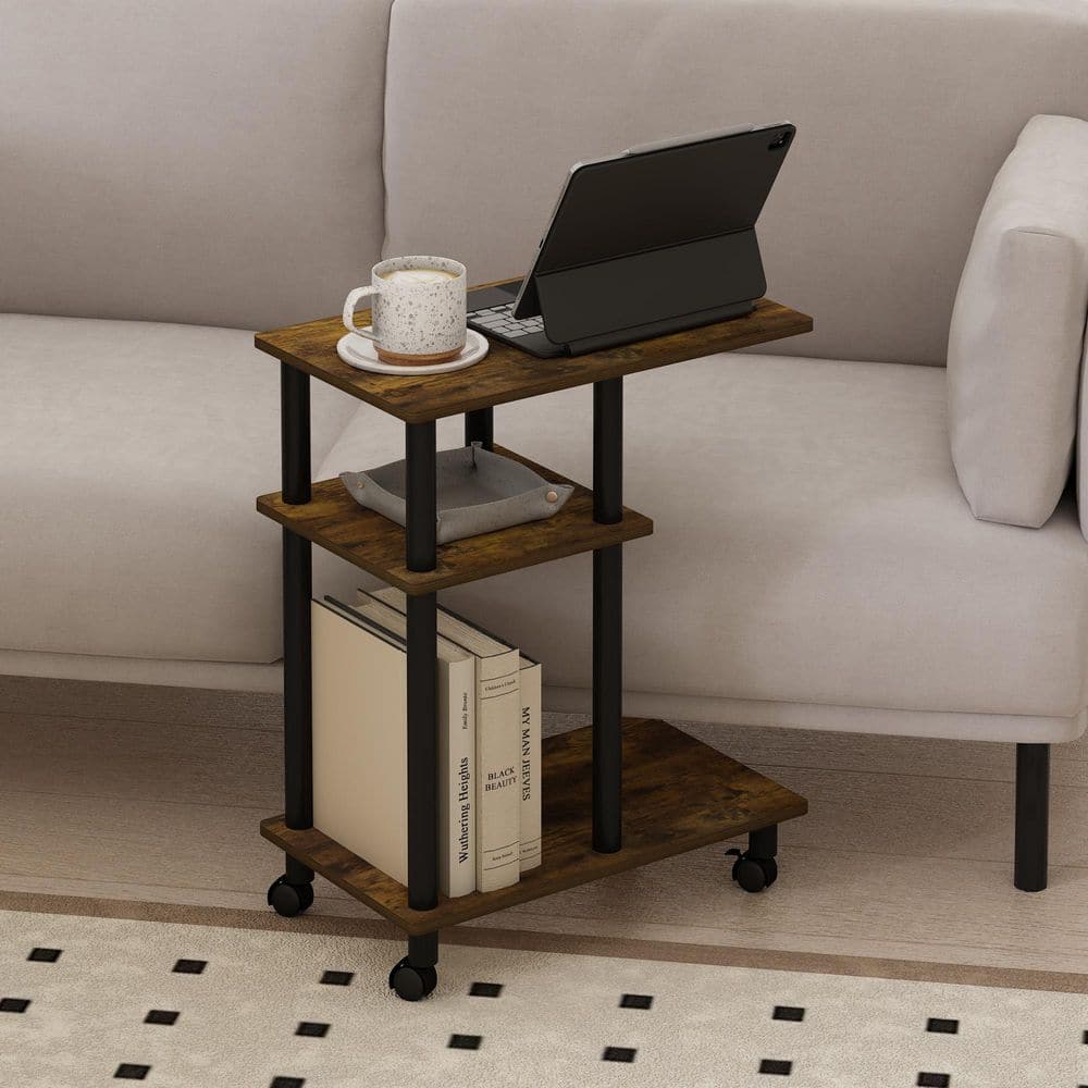 Furinno Tomi 20 in. Amber Pine/Black Wood C Shaped End Table with