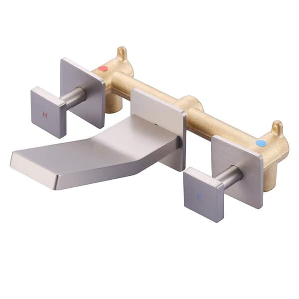 ARCORA Double Handle Solid Brass Wall Mounted Bathroom Faucet, Waterfall Basin Faucet with Rough in Valve in Brushed Nickel