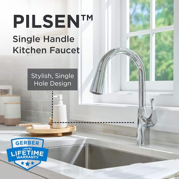 Pilsen Single Handle Pull Down Sprayer Kitchen Faucet with Deck Plate with Soap Dispenser in Chrome
