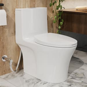 1-piece 1.6 GPF Dual Flush Elongated High Efficiency Toilet in Glossy White with Slow Closed Seat