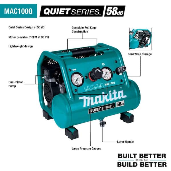 Makita Quiet Series, 1/2 HP, 1 Gal. Compact, Oil-Free, Electric Air  Compressor MAC100Q - The Home Depot