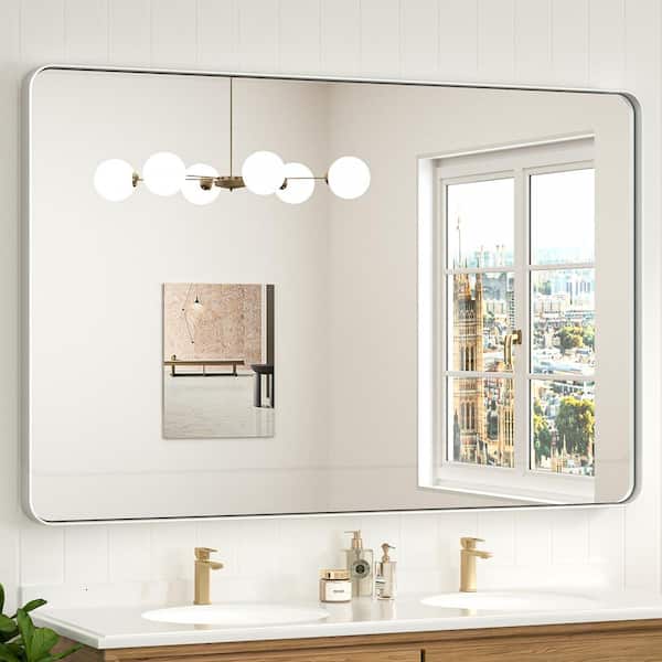 55 in. W x 36 in. H Modern Rectangular Aluminum Framed Wall Bathroom Vanity Mirror in Silver Gray