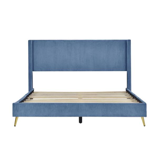 URTR Blue Wood Frame Queen Size Corduroy Upholstered Platform Bed with ...