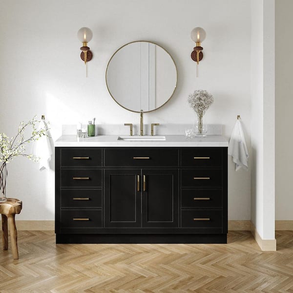 ARIEL Hepburn 60 in. Single Sink Freestanding Bathroom Vanity in Black with Carrara White Quartz Top