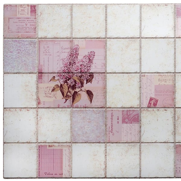 Dundee Deco 3D Falkirk Retro 1/100 in. x 38 in. x 19 in. Pink Faux Lilacs in Squares PVC Decorative Wall Paneling (10-Pack)