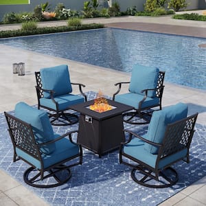 Metal 4 Seat 5-Piece Steel Outdoor Patio Conversation Set with Denim Blue Cushions, Swivel Chairs, Square Fire Pit Table