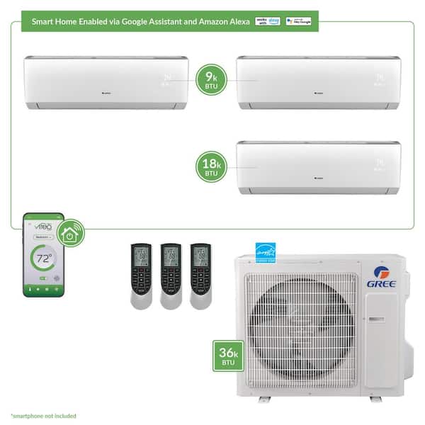 GREE Gen3 Smart Home Triple-Zone 34,000 BTU 3 Ton Ductless Mini Split Air Conditioner with Heat, Inverter, Remote - 230-Volt