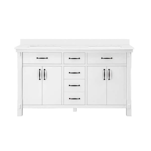 Bellington 60 in. Double Sink White Bath Vanity with White Engineered Stone Top (Assembled)