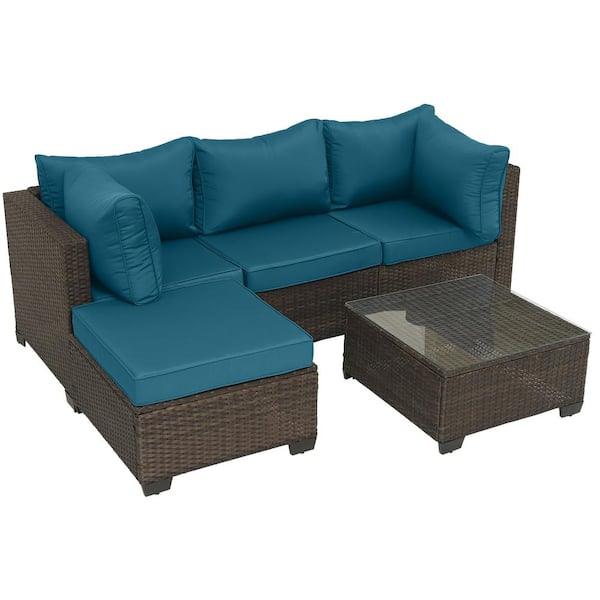 5 of Pieces Brown Wicker Outdoor Sofa Sectional Set with Peacock Blue Cushions