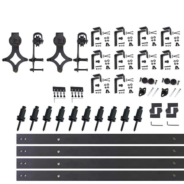 HOMACER 12 ft./144 in. Black Rustic Double Track Bypass U-Shape Sliding Barn Door Hardware Kit - Diamond Design Roller