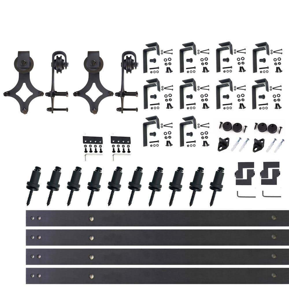 Rustic Black Double Bypass Sliding Barn Door Hardware Kit, 13ft