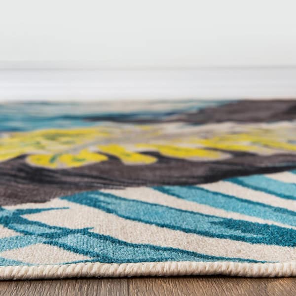 Contemporary Tropical Blue 5 ft. x 7 ft. Floral Leaves Non Slip Area Rug