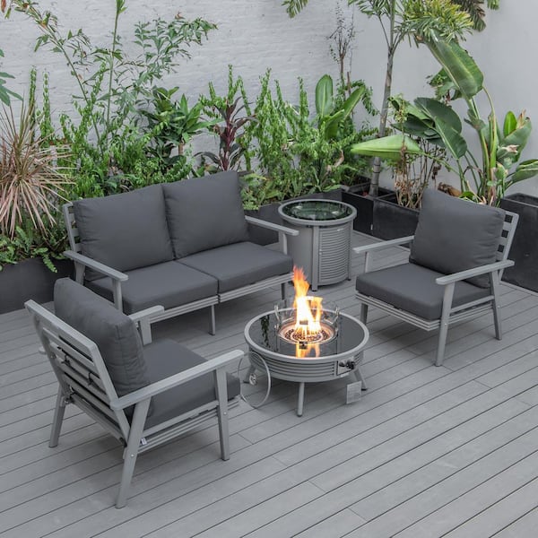 Leisuremod Walbrooke Grey 5-Piece Aluminum Round Patio Fire Pit Set with Charcoal Cushions, Slats Design, Tank Holder