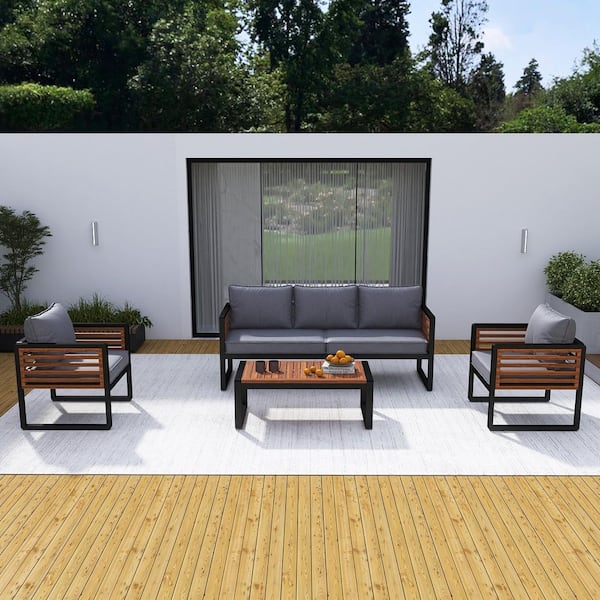 Boosicavelly 4-Piece Black Metal and Wood Frame Outdoor Furniture Sofa Patio Conversation Set with Gray Cushions