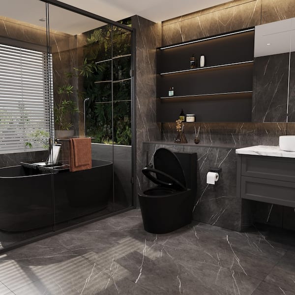 1-Peice 27 in. 1.1/1.6 GPF Dual Flush Elongated Toilet in Black Seat Included, Water-Saving Flushing Score Toilet