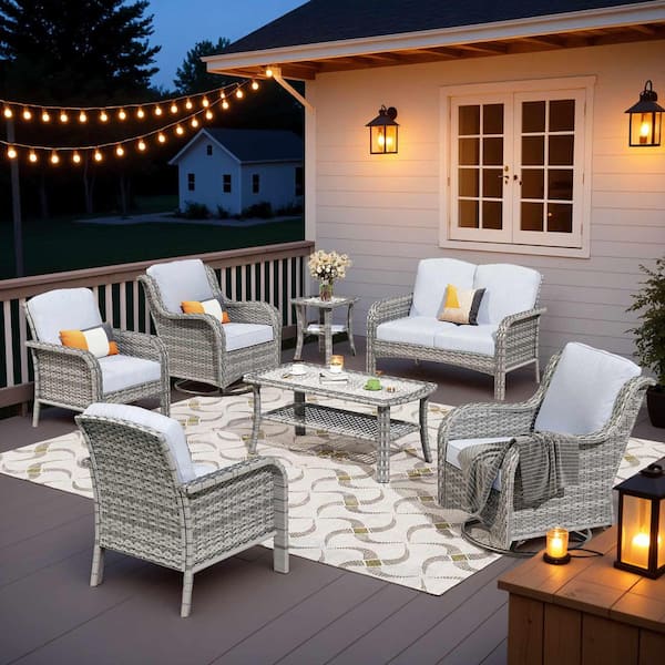 OVIOS Miziisy Gray 7-Piece Wicker Patio Conversation Set with Gray Cushions and Swivel Chairs
