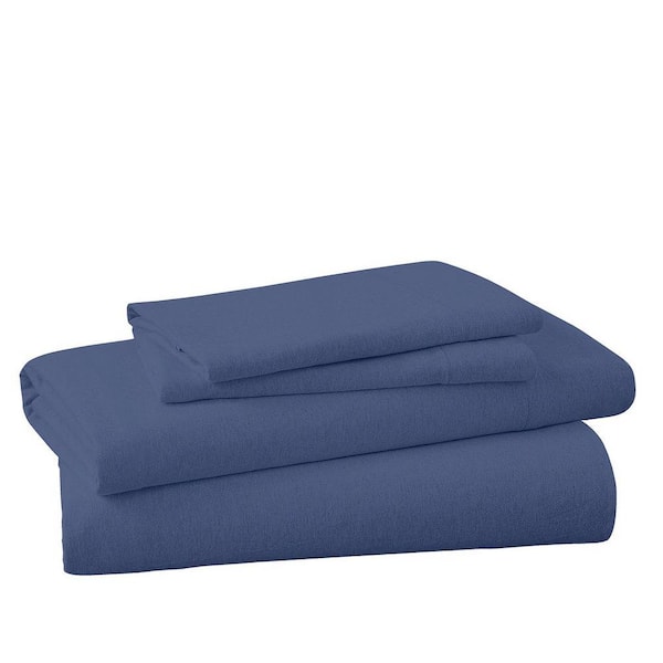 4-Piece French Blue Solid Cotton Blend/Poly Queen Jersey Knit Sheet Set