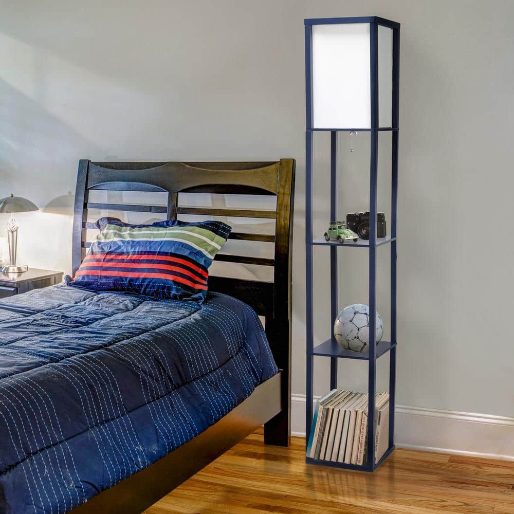 Navy Linen-Shade Floor Lamp with Organizing Storage Shelf