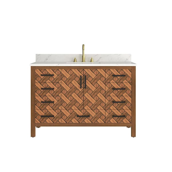 48 in. W x 22 in. D x 34 in. H Freestanding Caramel Woven Brown Bath Vanity with White Engineered Stone Top, Eco Wood