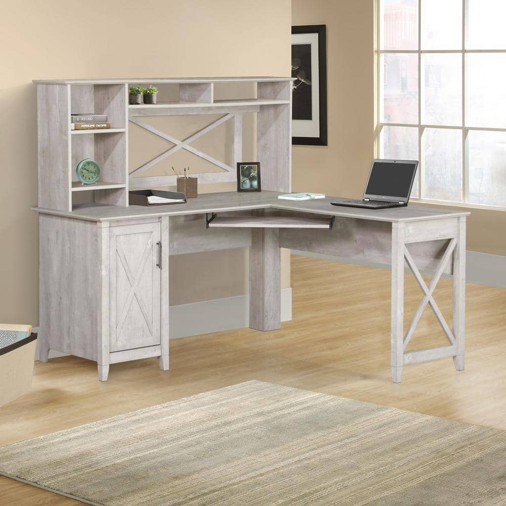 Washed Gray Wood Corner L-Desk with Keyboard Tray and Filing Cabinet