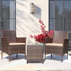 Oakmont 3 Pieces Patio Furniture Set Outdoor Wicker Conversation Set Modern Bistro Set Black Rattan Balcony Chair Sets with Coffee Table for Yard and Bistro Beige 