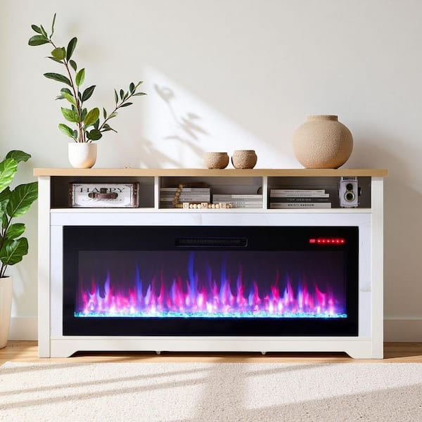 70 in. TV Stand with 60 in. Smart Electric Fireplace Insert, Multi-Color Flame, Wi-Fi & Voice Control, 1400W Heat, White