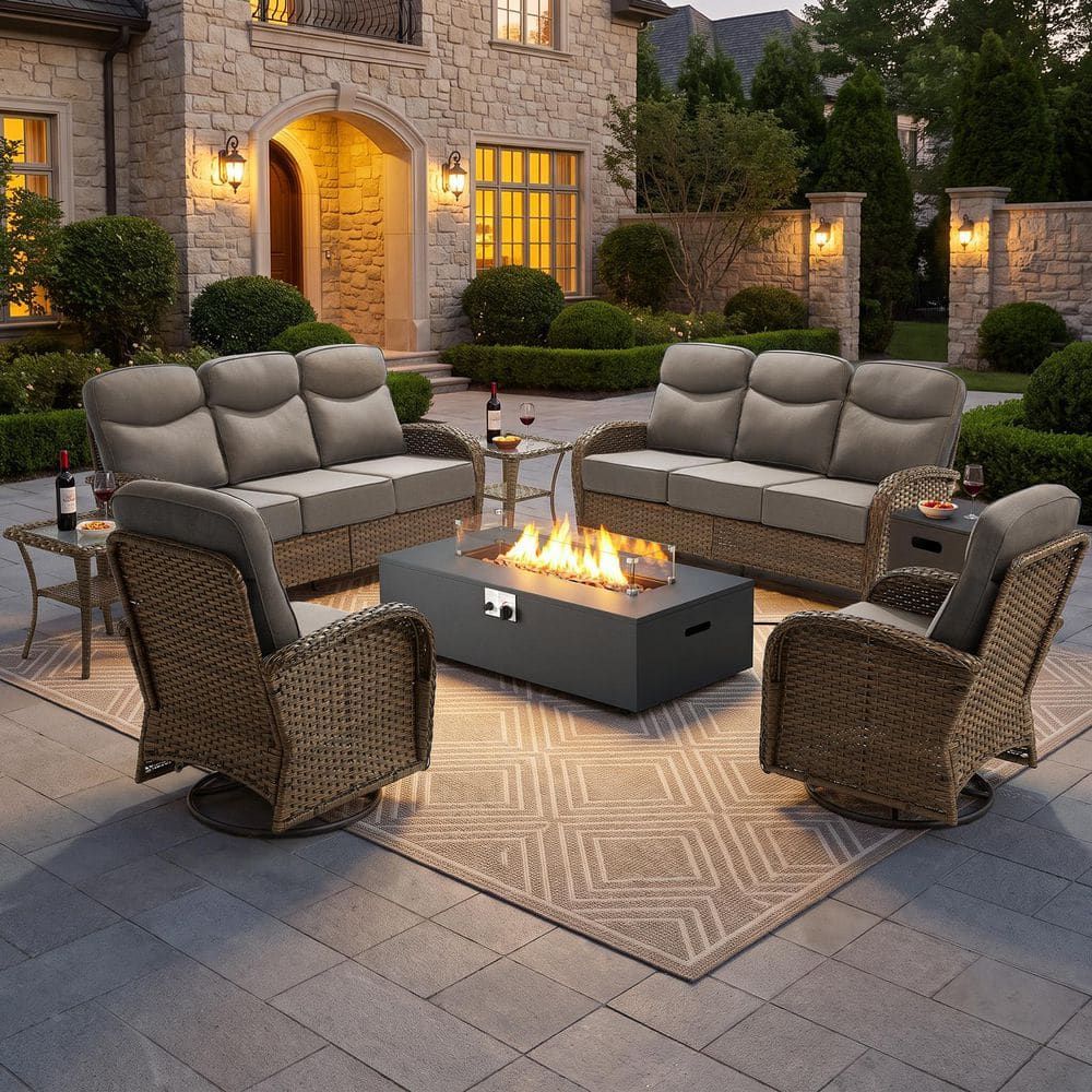 Goyal Brown 7-Piece Patio Fire Pit Conversation Furniture Set, Outdoor Swivel Glider Sofa Set with 6 in. Gray Cushions price history on PriceWatchPro