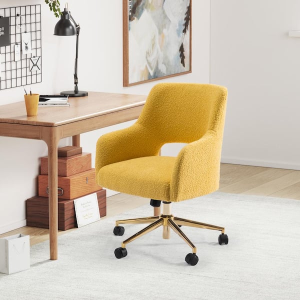 Stain Resistant Boucle Fabric Upholstered Adjustable Height Office Vanity Swivel Task Chair with Wheels in Mustard