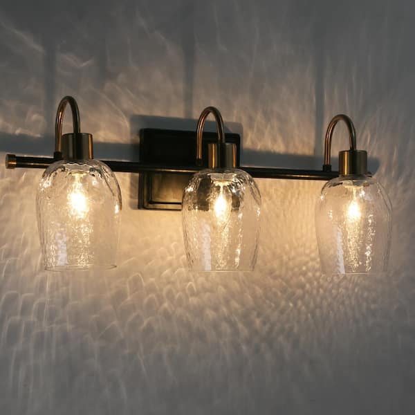21.5 in. 3-Light Brass Gold Bathroom Vanity Light, Hammer Glass Black Bath Bar Vanity Light, Modern Indoor Wall Sconce
