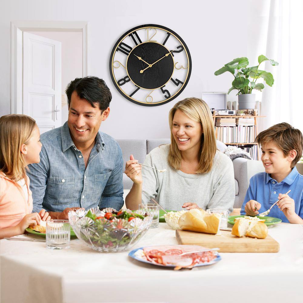 Sorbus 24" Black and Gold Wooden Wall Clock with Roman Numerals