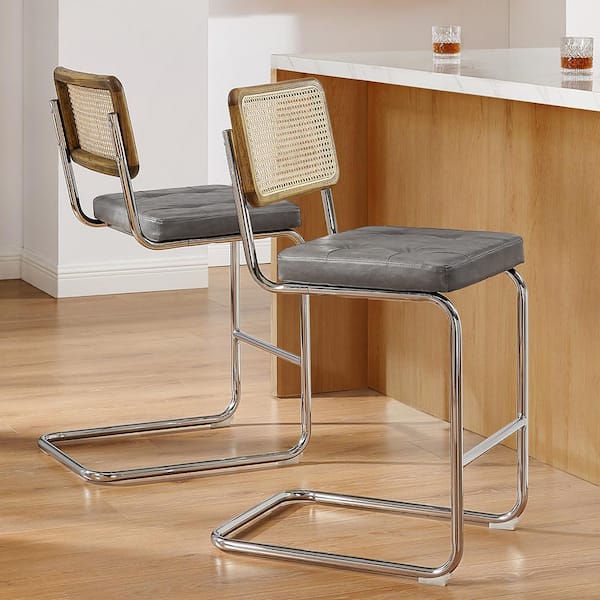 Art Leon SIASY 39.76 in. Height Gray Faux Leather Counter Barstools with Woven Rattan Backrest and Metal Frame (Set of 2)