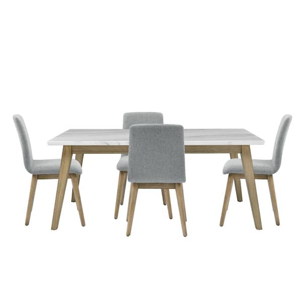 Steve Silver Vida White Marble Dining Set with 4 Gray Upholstered Side Chair (Seats 4)
