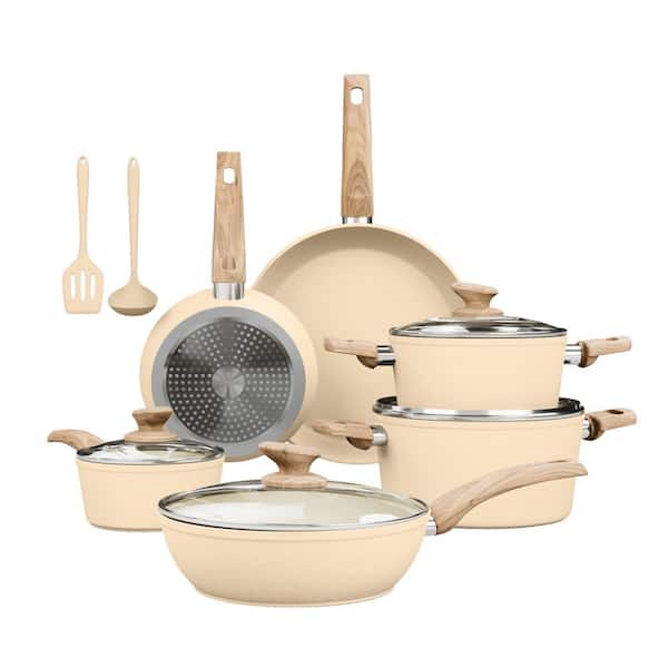 12-Piece Nonstick Aluminum, Granite Cookware Set in Beige, Healthy Cookware Set with Toxin-Free, No PFAS, PTFE, PFOA