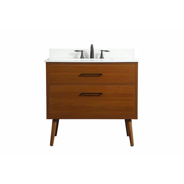 Unbranded Simply Living 36 in. W x 22 in. D x 33.5 in. H Bath Vanity in Teak with Ivory White Engineered Marble Top