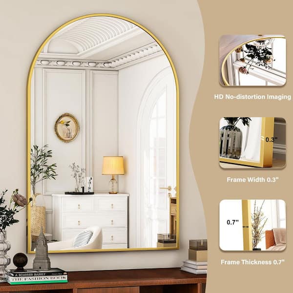 Gold 30 in. W x 40 in. H Arched Bathroom Mirror Mirror Wall Aluminum Alloy Framed Mirror
