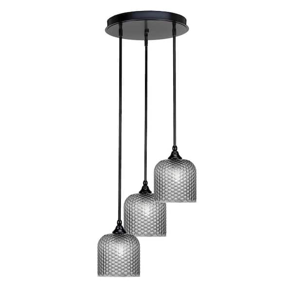 Unbranded Villa 60-Watt in. 3 Light Matte Black Stem Pendant Light with 7 in. Smoke Textured Glass Shade, No bulbs included