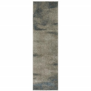 Grey and Teal Blue 2 ft. x 8 ft. Abstract Power Loom Stain Resistant Runner Rug