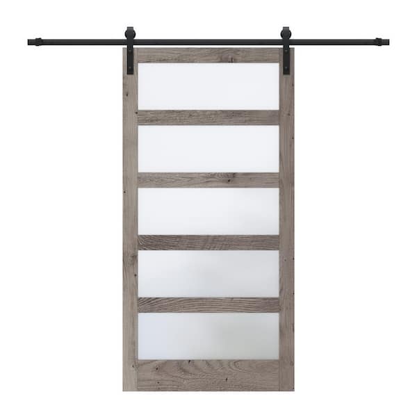 ARK DESIGN 42 in. x 84 in. 5 Lite Tempered Frosted Glass Log Brown Finished Composite MDF Sliding Barn Door with Hardware Kit