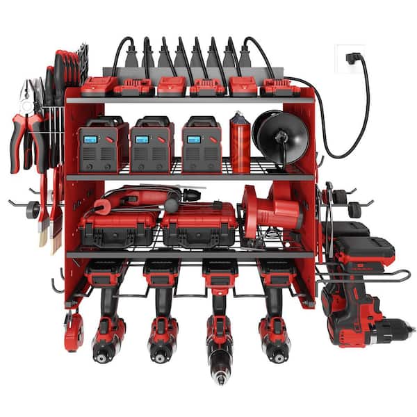 16 .6 in. Modular Power Tool Organizer with Charging Station, 150 lbs. Wall Mount Garage with hooks, Red