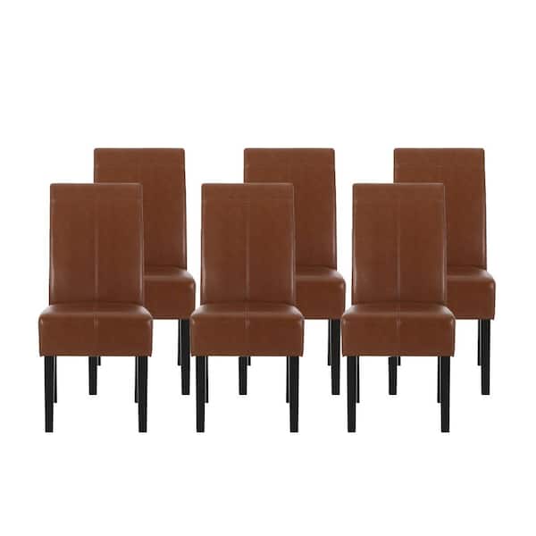 Noble House Braydon Cognac Brown Faux Leather T-Stitch Dining Chair (Set of 6)