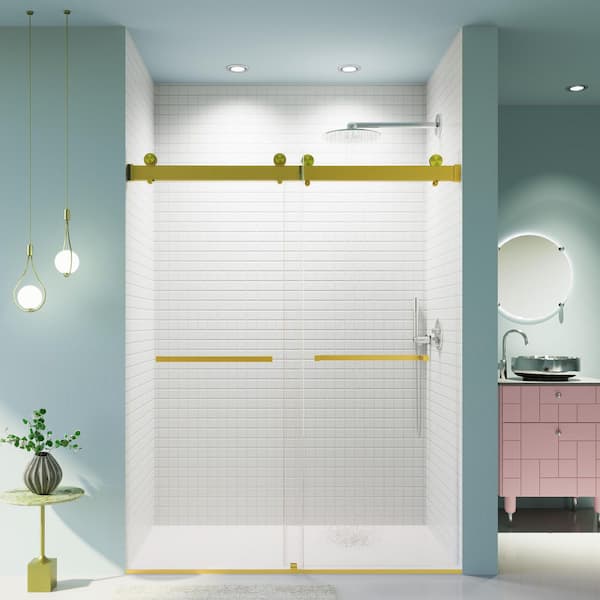 56 to 60 in. W x 76 in. H Double Sliding Frameless Shower Door in Brushed Gold Finish with Clear Glass