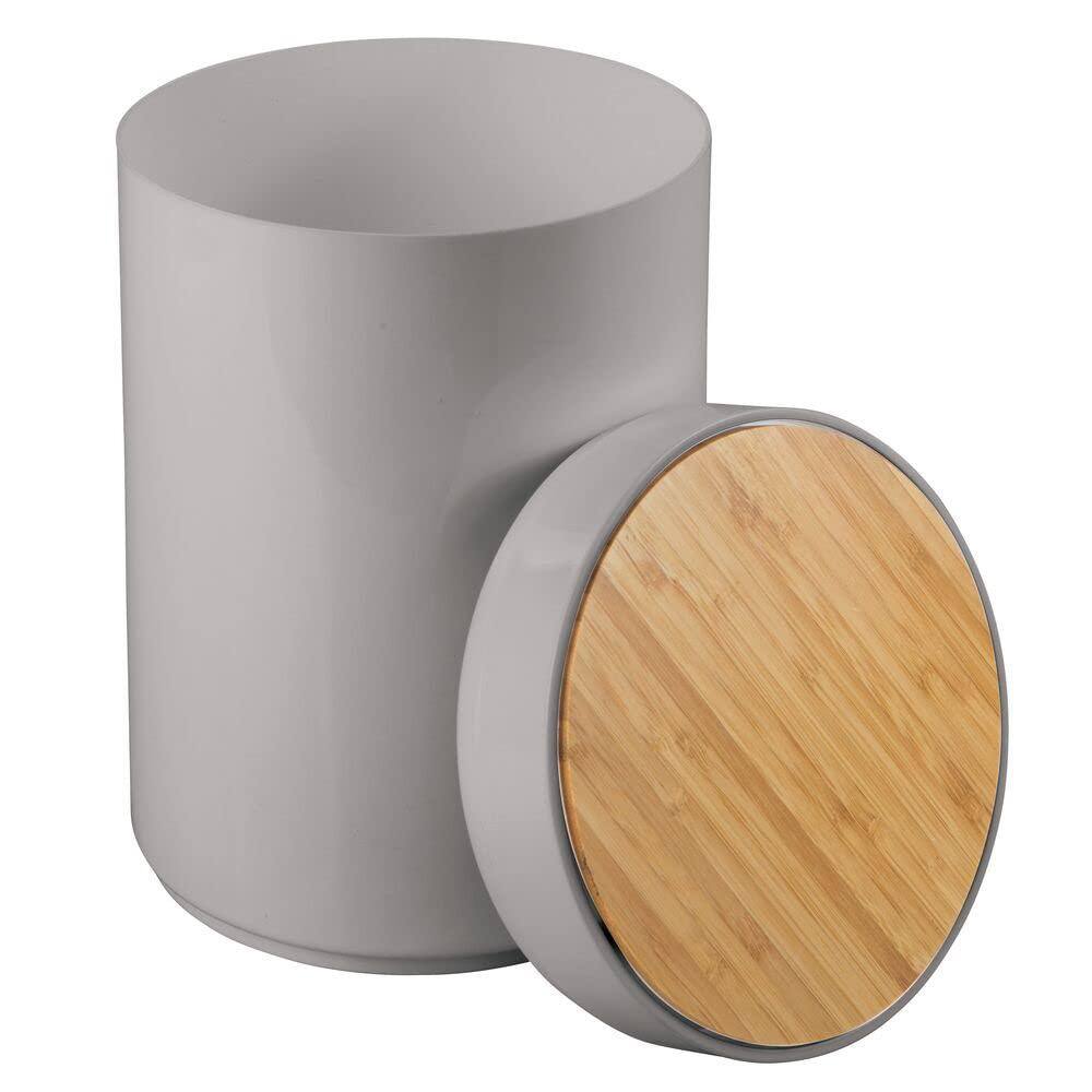 Compact Gray Plastic Trash Can with Natural Bamboo Lid