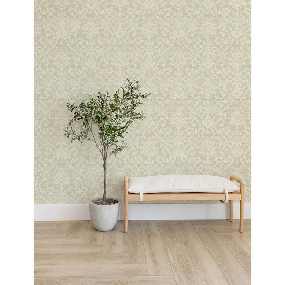 Evette Wheat-Brown Faux Grasscloth Damask Wallpaper