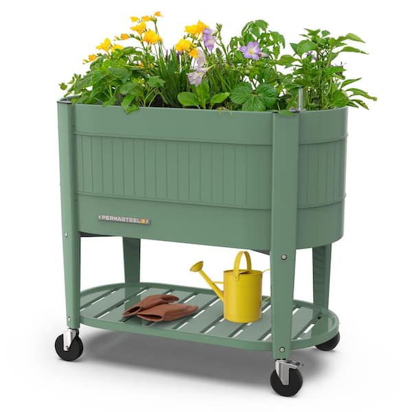 39 in. L x 19.25 in. W x 14.5 in. H Raised Steel Garden Bed with EnGrow TrueSoil Technology, Storage Shelf, Sage