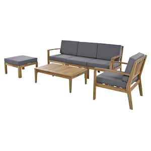 6-Piece Wood Patio Furniture Set, Acacia Wood Frame Patio Sectional Sofa Set with Gray Cushions