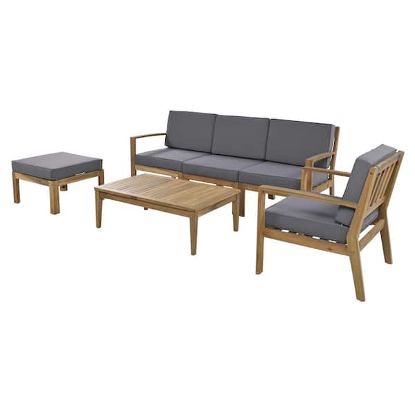 Sudzendf 6-Piece Wood Patio Furniture Set, Acacia Wood Frame Patio Sectional Sofa Set with Gray Cushions