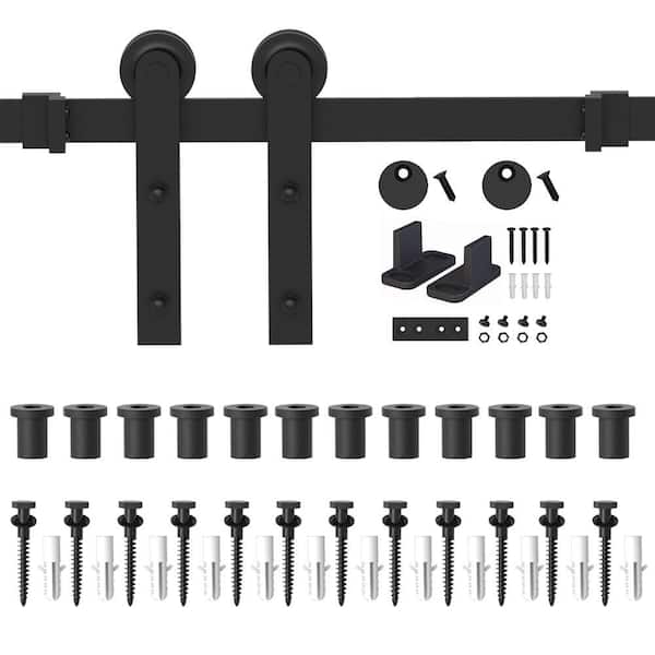 WINSOON 15 ft. /180 in. Frosted Black Strap Sliding Barn Door Hardware Kit for Single Wood Door with Non-Routed Floor Guide